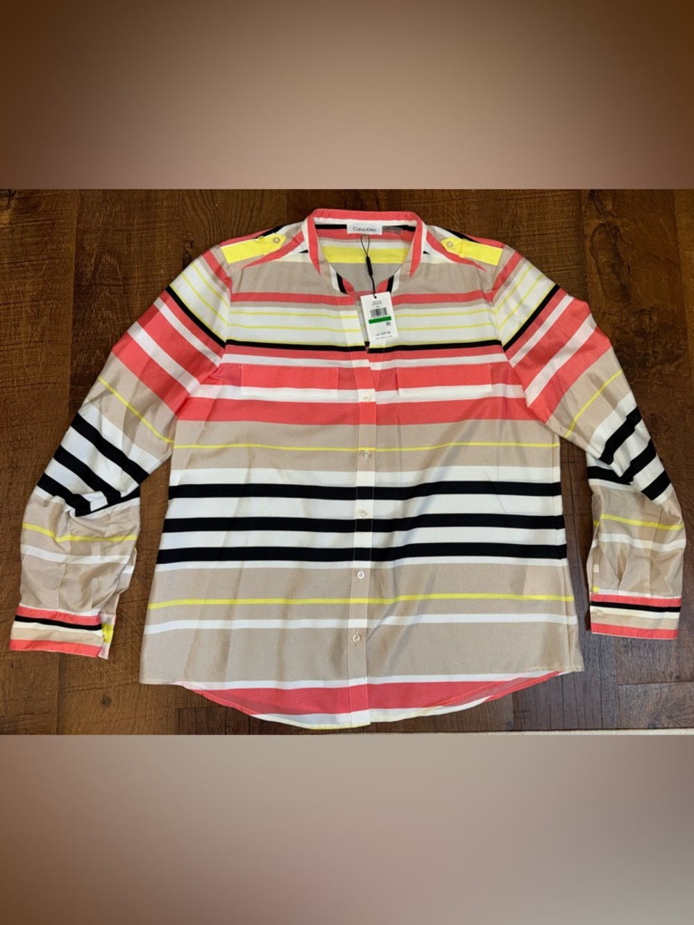Calvin Klein Coral, Yellow, Black & White Striped Button-Up Top